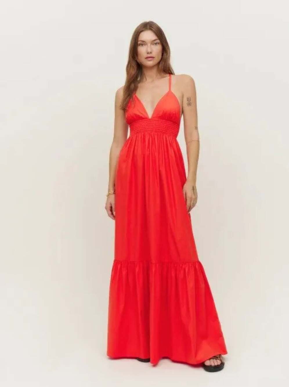 Reformation Maxi Dress XL Grotto Paprika Red Criss Cross Straps Organic Cotton